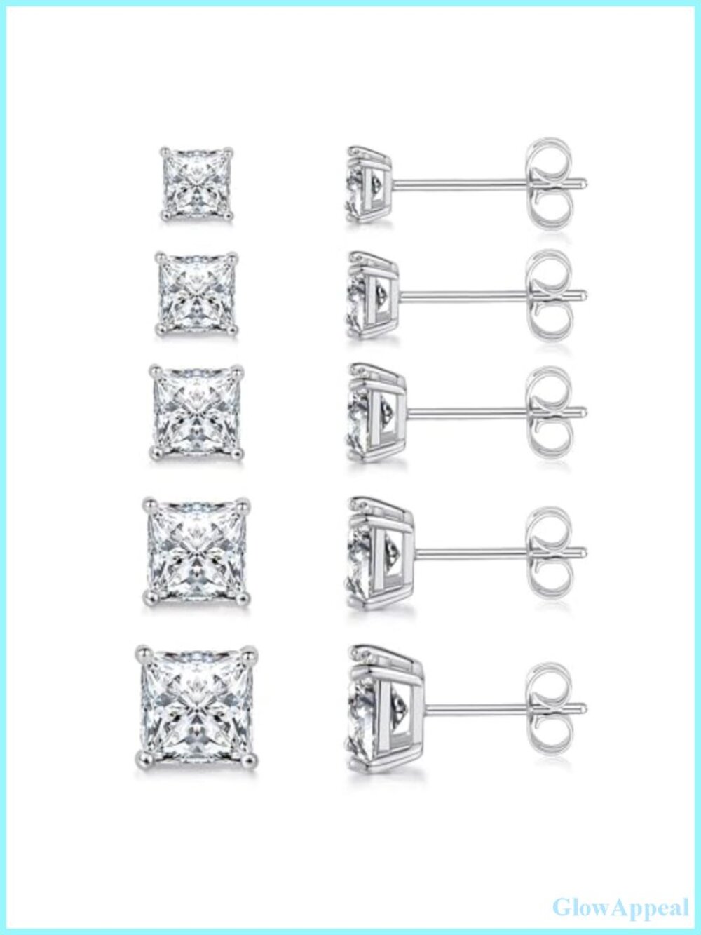 18K Gold Plated CZ Stud Earrings Set of 5 Square Cubic Zirconia